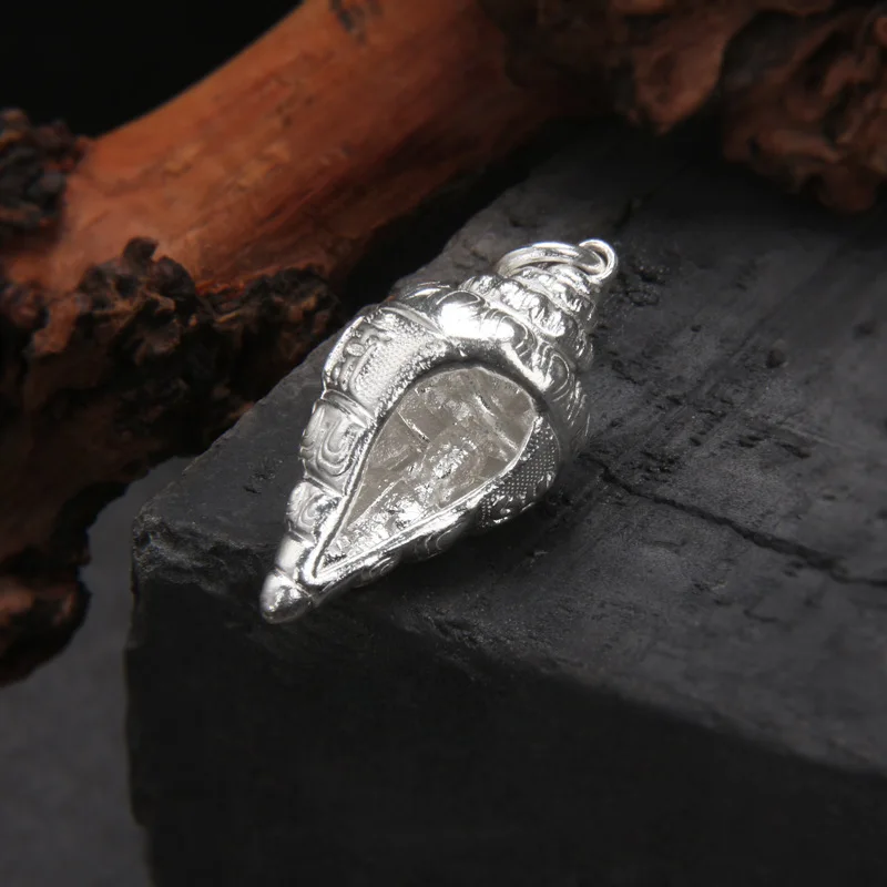 Tibetan Buddhism Magic implement Conch Pendants Necklaces 6-Word Mantra Neutral Glossy Silver Buddha Jewelry 925 Silver NO Chain