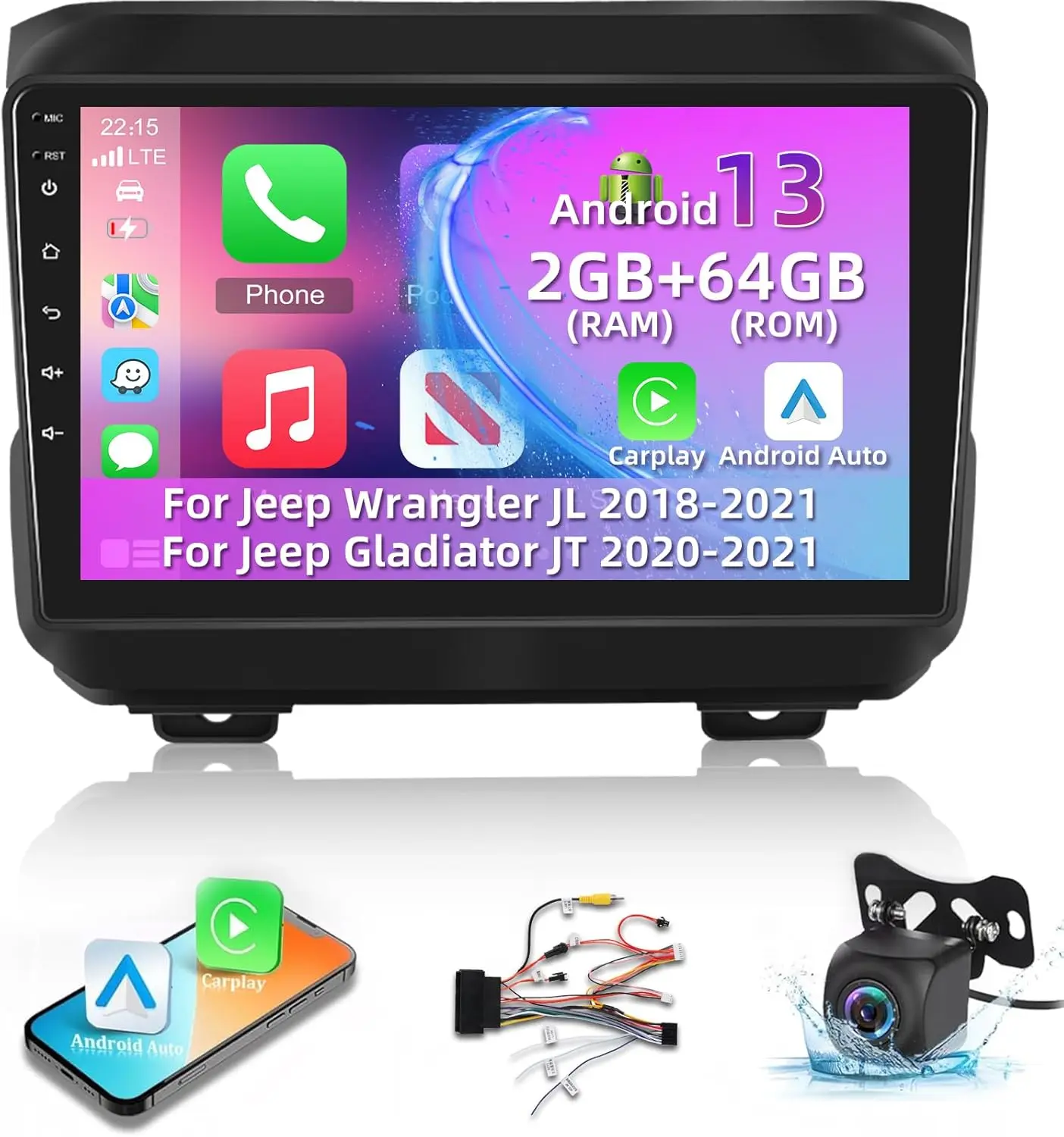 

Android 13 for Jeep Wrangler JL 2018-2021 & for Jeep Gladiator JT 2020-2021 Wireless Apple Carplay&Android Auto 9" Touchscreen