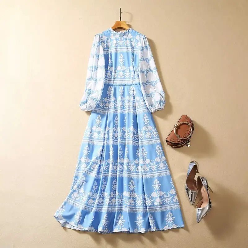 Kate Princess Blue Print Dress, O-Neck Lantern Sleeve, Long Sleeve Dresses, Fashion, 81504