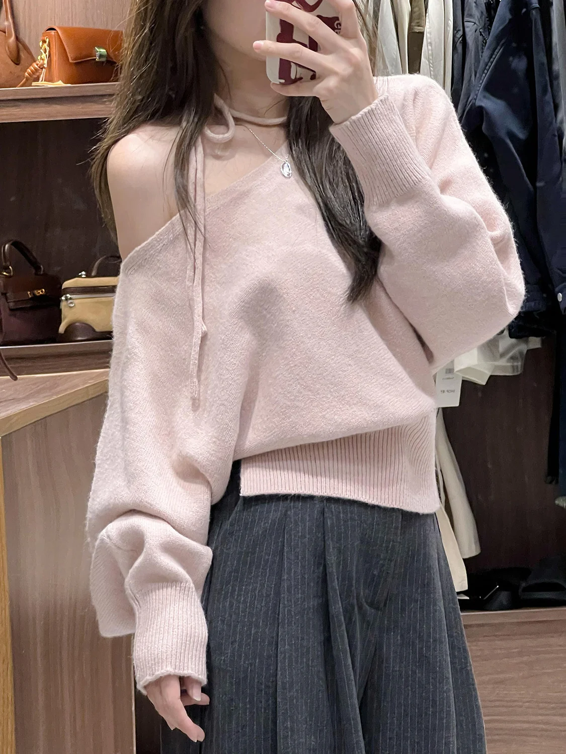 

Pink Irregular oulder Hanging Ne Sweater Women's Sle Autumn 2025 New Korean System ort Knitted irt Top