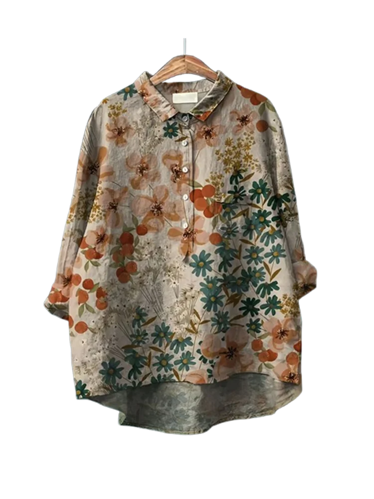 ฤดูใบไม้ผลิ/ฤดูใบไม้ร่วงใหม่ลําลองหลวมเสื้อ \ \ \ \ \ \ \ \ \ \ \ \ \ \ \ \'s เสื้อ Retro Art เสื้อโปโลผ้าฝ้ายกัญชาเสื้อด้านบน A236