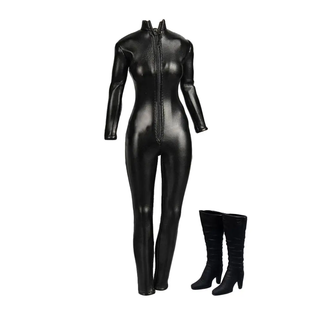 1/6 Female Faux Leather Jumpsuit High Shoes for 12'' Action