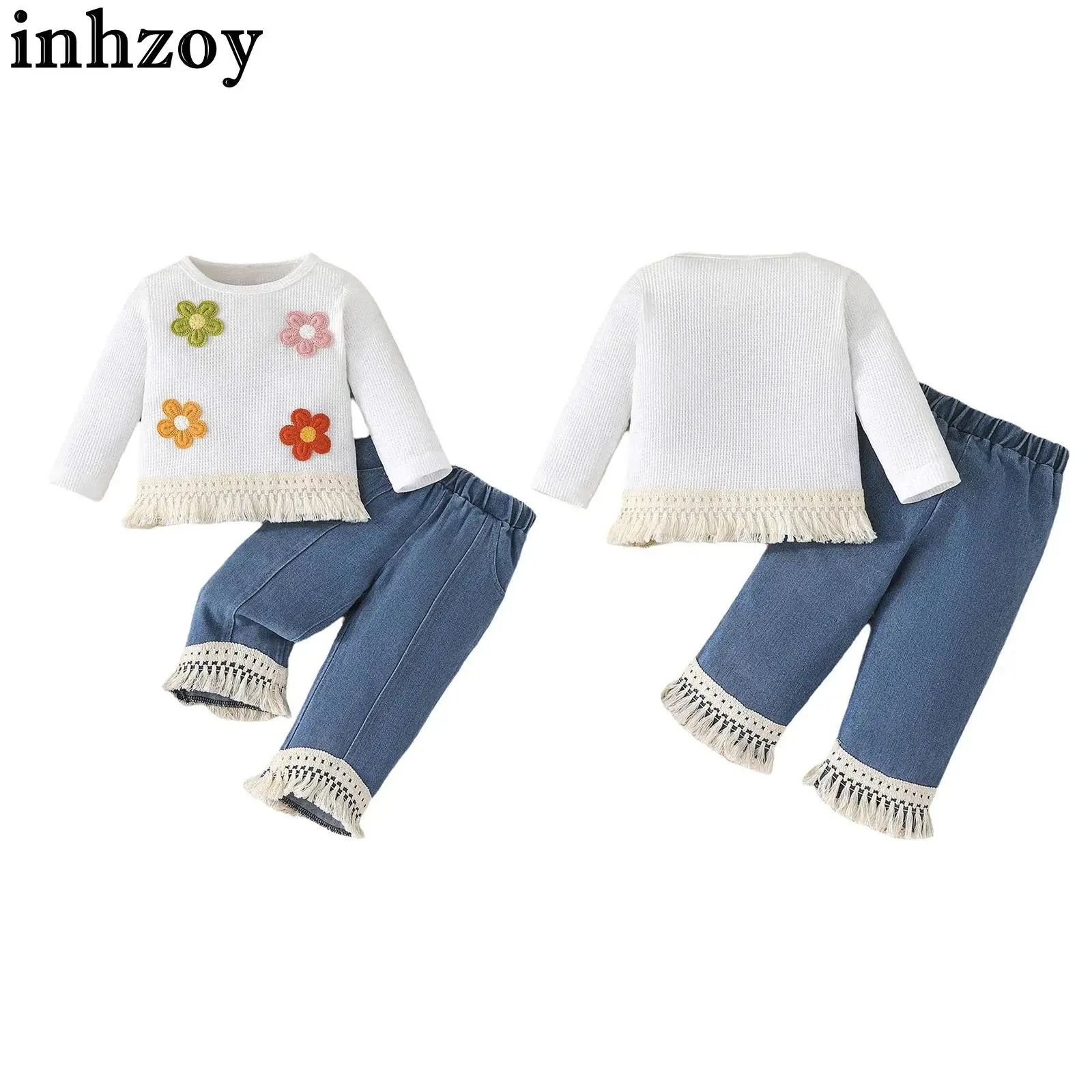 

Милый повседневный наряд на весну и осень для маленьких девочек, топ с длинными рукавами и цветочной вышивкой, джинсы для повседневной одежды на свадьбу, день рождения