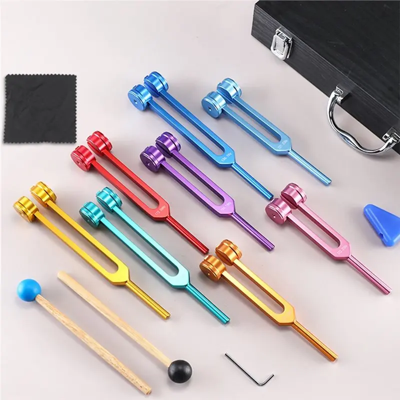 B68B for Colorful Chakras Tuning Fork Set 8pcs Aluminum Alloy Healing Meditation Forks Portable Percussion Instruments Diapason