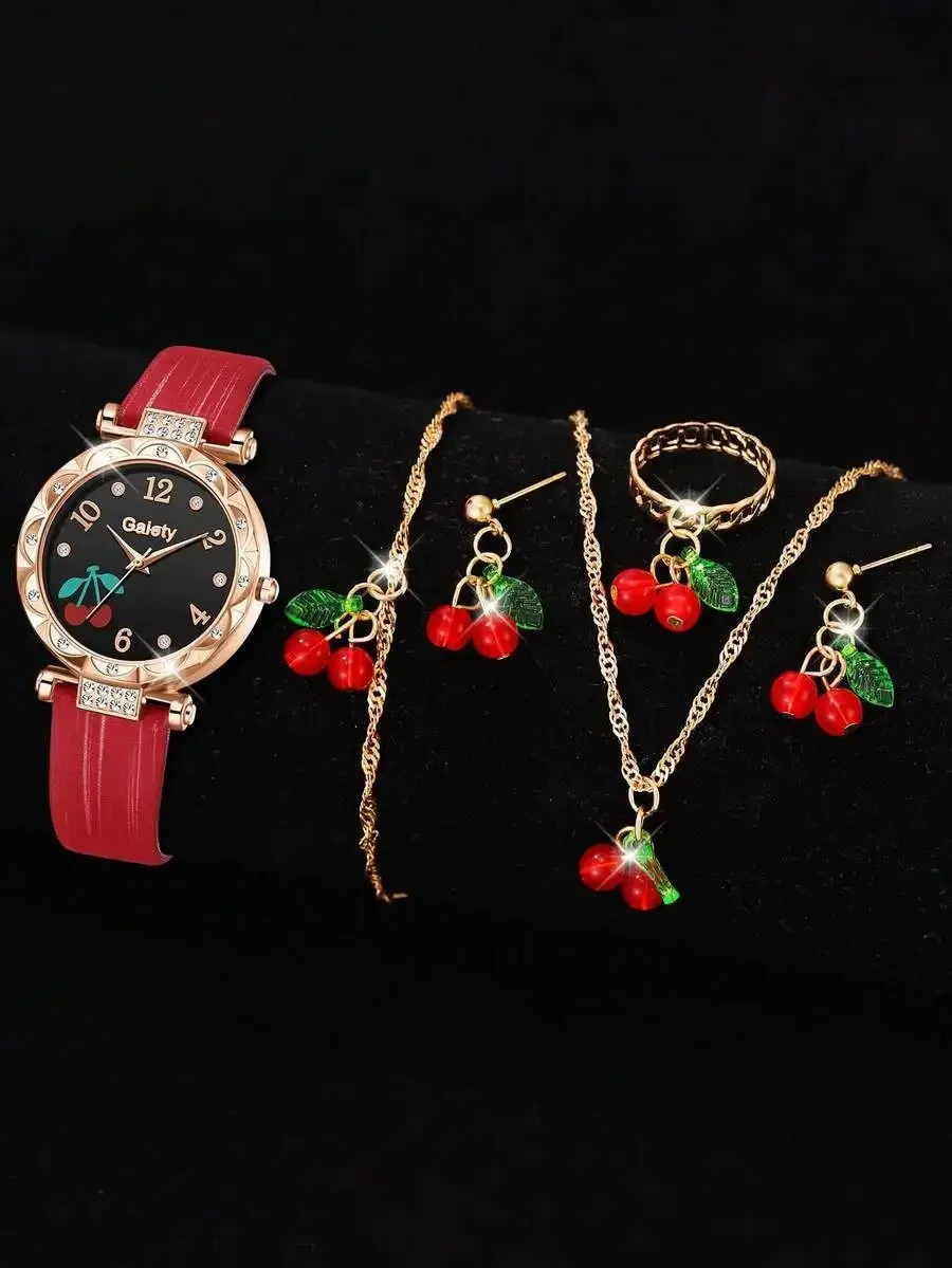 

6PCS Red PU Leather Strap Women Watch Set Fashion Fruit Cherry Quartz Watch Necklace Earrings Ring Set