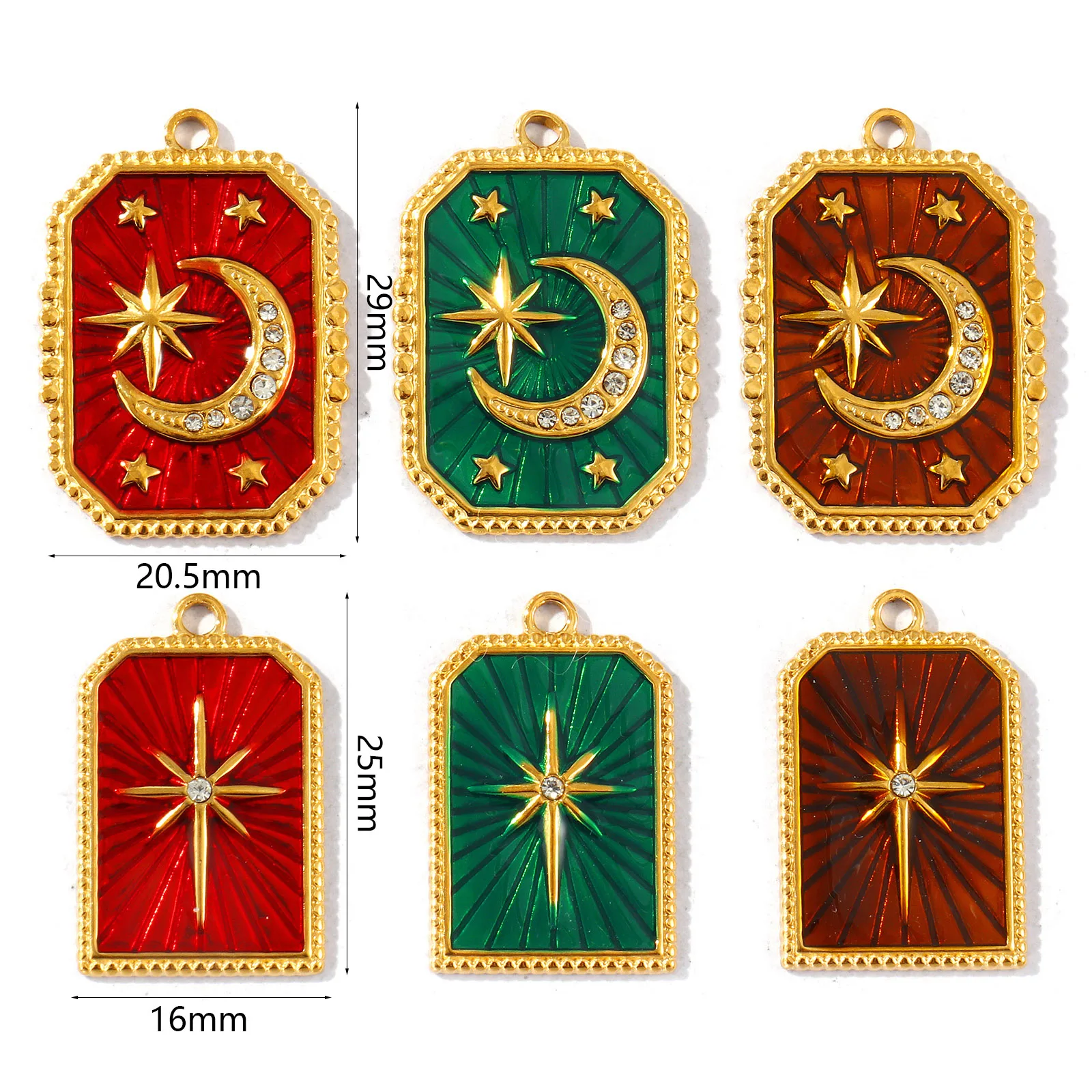 2 Pcs Galaxy Charms Enamel Geometric Clear Rhinestone Moon Star 18K Gold Plated 304 Stainless Steel Pendants For DIY Necklace