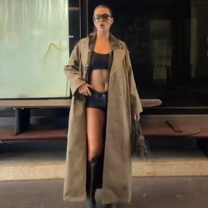 Trench coat longo de grandes dimensões feminino cinto ajustável elegante casaco commuter roupas femininas 2025 novas roupas de moda feminina