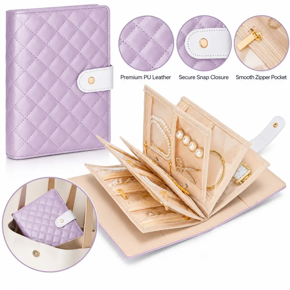 Foldable Jewelry Organizer Book Transparent Window Snap Closure Jewelry Storage Book PU Leather Clear Zipper Pouch