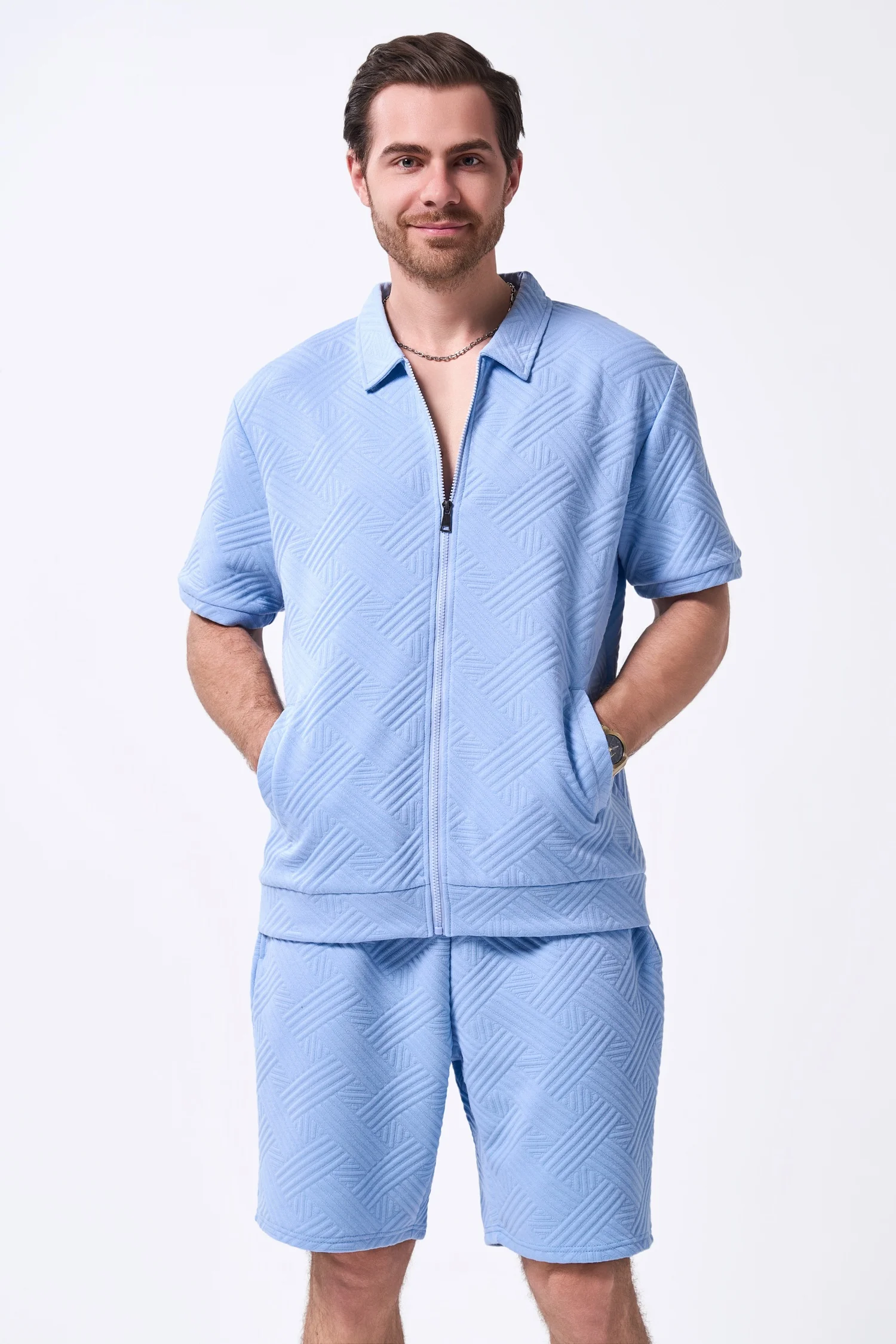 

Men's Mature Casual Full Outfit: Summer Textured Zip Cardigan + Casual Shorts Lazy Set