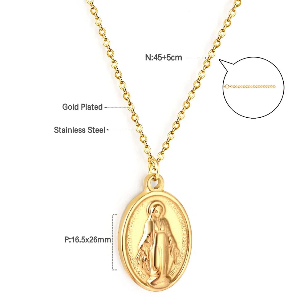 ASONSTEEL Fashion Virgin Mary Jesus Oval Long Chains Pendant Necklace For Woman/Man Stainless Steel Religious Christian Jewelry