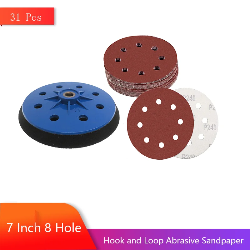 

7 Inch 8 Hole Hook and Loop Abrasive Sandpaper with Replacement Sander Pad 31 Pcs Assorted 80/100/120/150/180/240 Grits for Wall