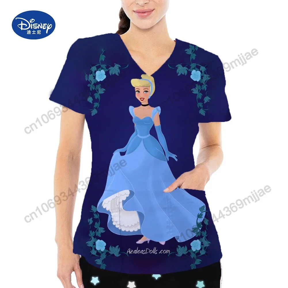 New V-neck Women's Tops Cartoon Pocket Women's T-shirts Short Sleeves Tops