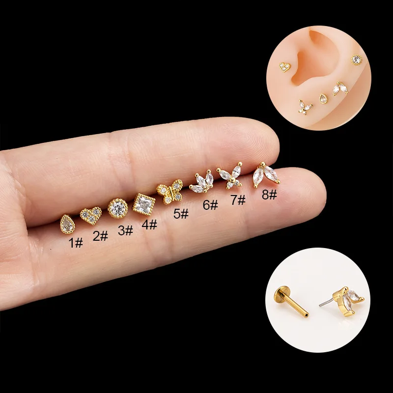 1PC Push In Internally Thread Labret Piercing Ear Ring G23 Titanium Stud Crystal Gem Flat Back Tragus Helix image 5