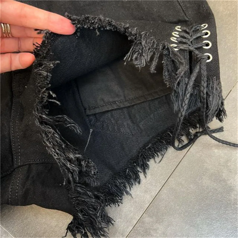 Summer Bandage Tassel Trend Jeans Female Black Personality Raw Fringe Denim Shorts Sweet Cool Dark Gothic Hip Hop Streetwear