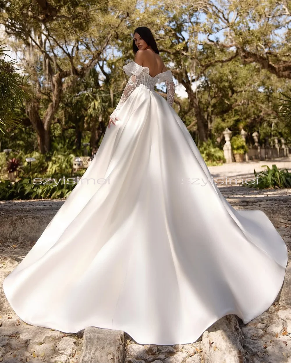 Vestidos de novia con hombros descubiertos para novia, Top de encaje, corte en A, vestido de novia de satén, vestidos de fiesta de manga larga para boda