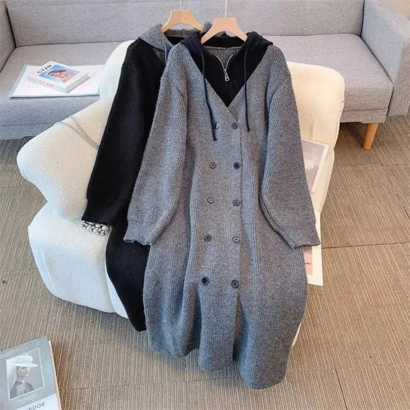 Autumn Winter Cardigan Large Size Sweater Women Fake Two-piece Double Breasted Knitted Jacket Loose Long Hooded Sweater Overcoat