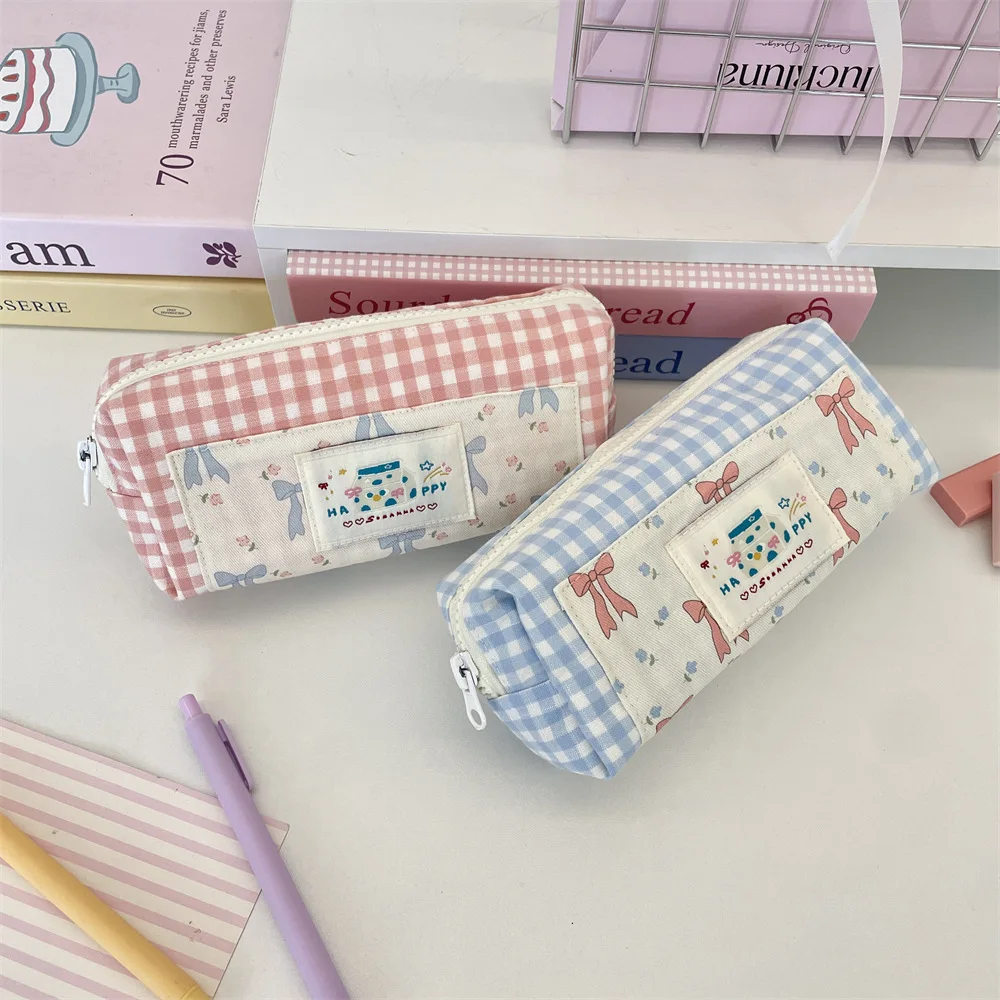 Splicing Plaid Design Women's Cosmetic Bag Sweet Flower Bow Print Girl Pencil case Ladies Contrast Color Portable Storage Bags