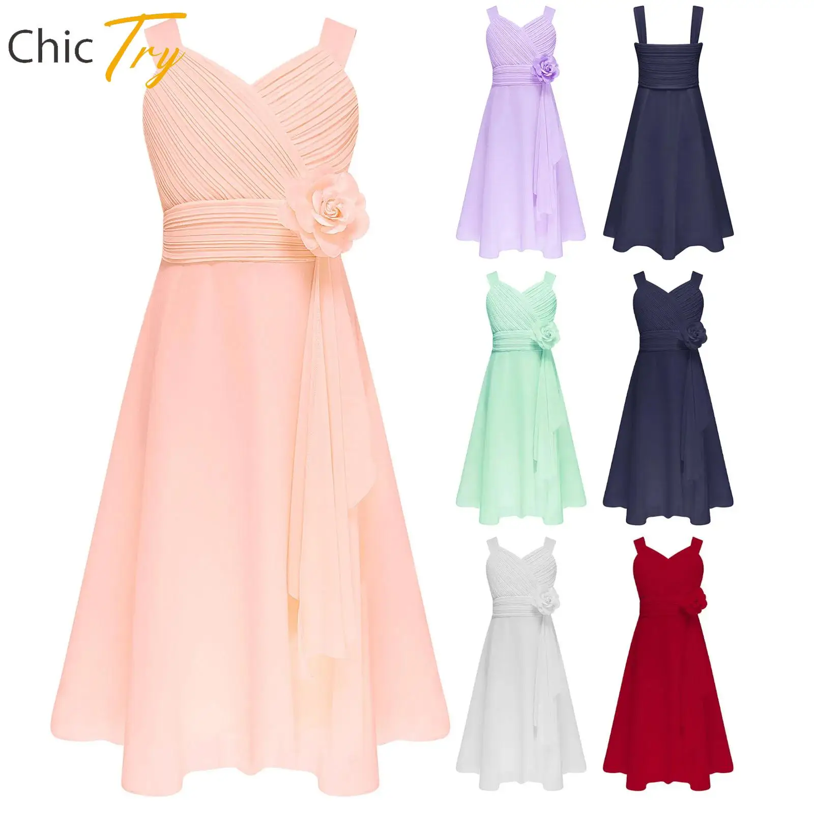 

Girls Party Dress Lyrical Dance Costume Elegant Flower Dress V Neck Sleeveless Ruffle Chiffon Dress for Kids Wedding Birthday