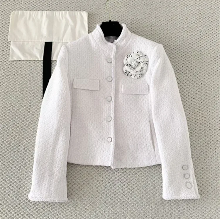 Customization European women's clothing - new summer styles for 2026 V-neck long-sleeved white corsage fashion tweed coat
