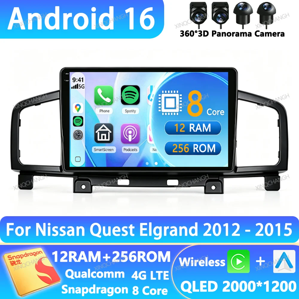 Android 16 Car Radio For Nissan Quest Elgrand 2012 - 2015 Multimedia Video Player 2DIN Carplay Auto Head Unit Qualcomm 4G WIFI