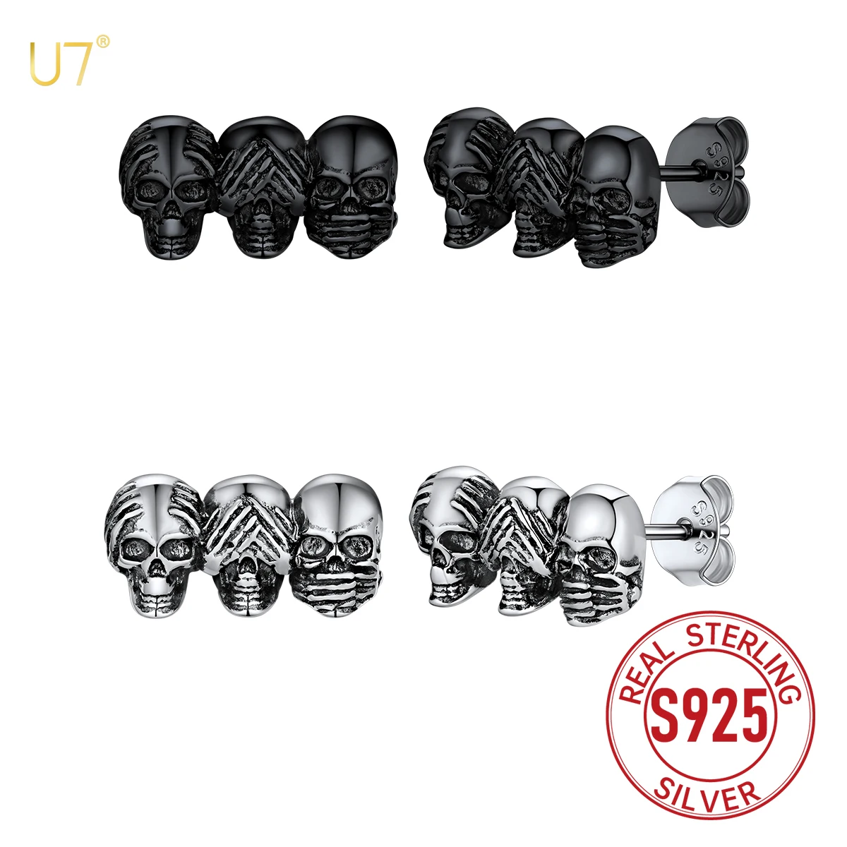 

U7 925 Silver See No Evil Hear No Evil Speak No Evil Skulls Stud Earrings for Man Woman Wisdom Gothic Halloween Jewelry Gifts