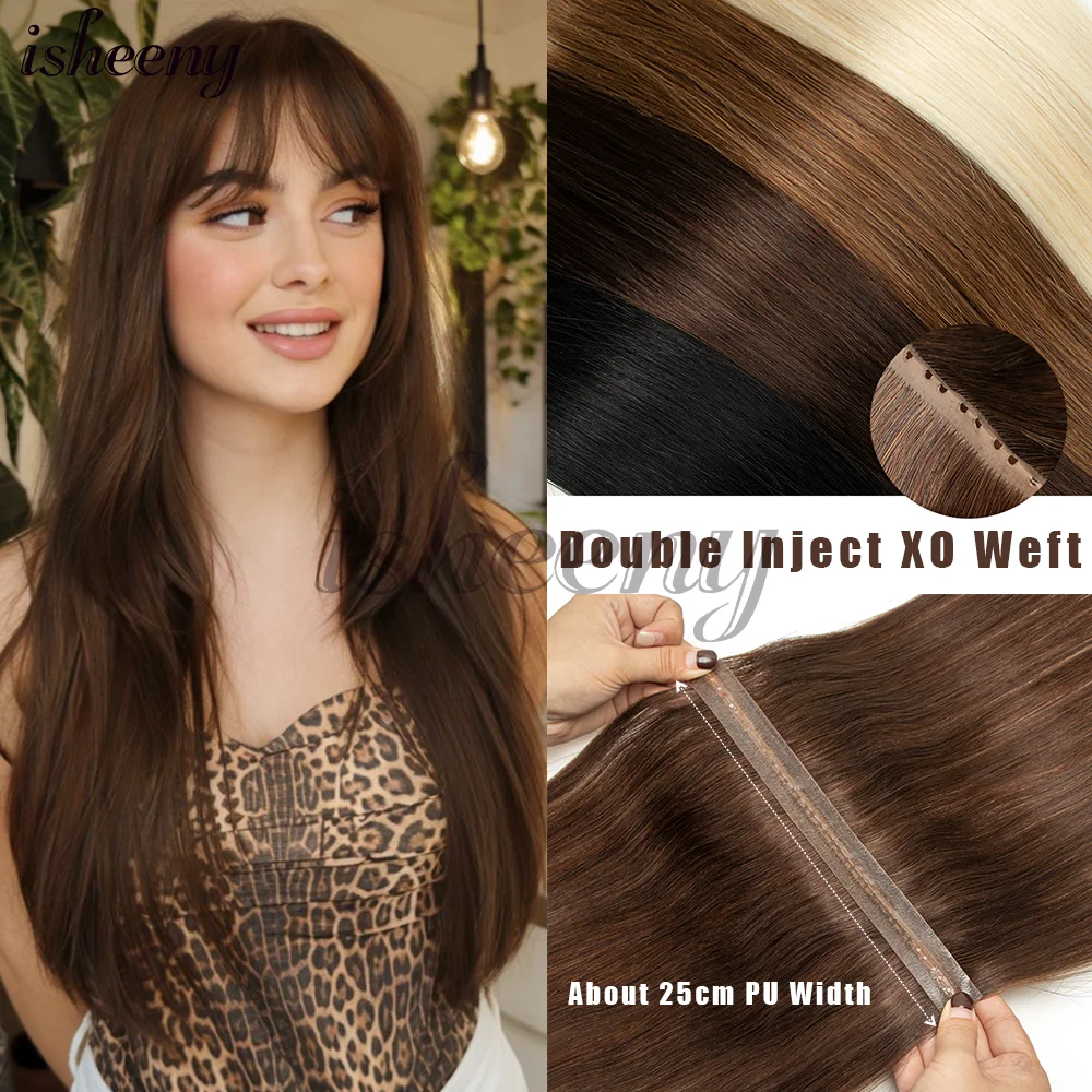 

isheeny Double Inject XO Hole Weft Human Hair Extensions12-24 inches Invisible Twin Tabs Weft Hair Pull Through Micro Hair