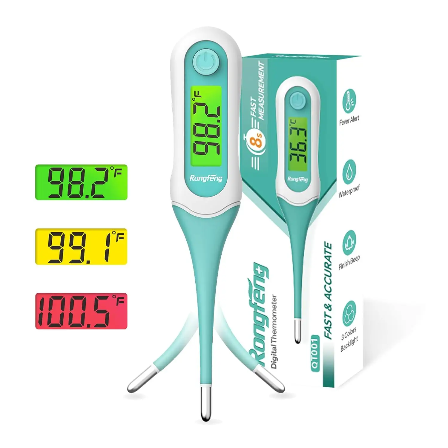 8 Second Digital Oral Thermometer, Fast Reading Thermometer for Adults and Kids with 3 Color Backlit and Fever Alarm for