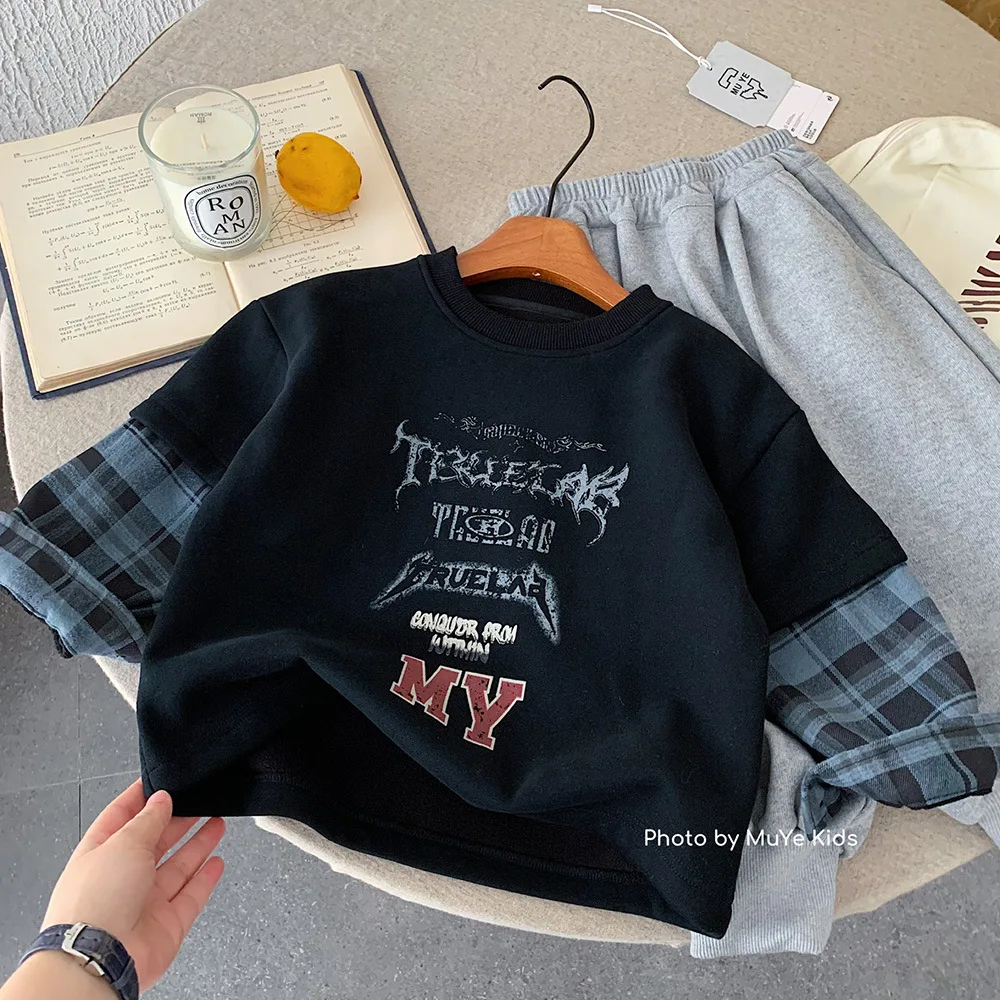 

Toddler Boys Sweatshirt New Winter Letter Printed Thicken Warm Children 1-12Y Boys Pullovers Tops Plaid Kids Baby Boys Shirt