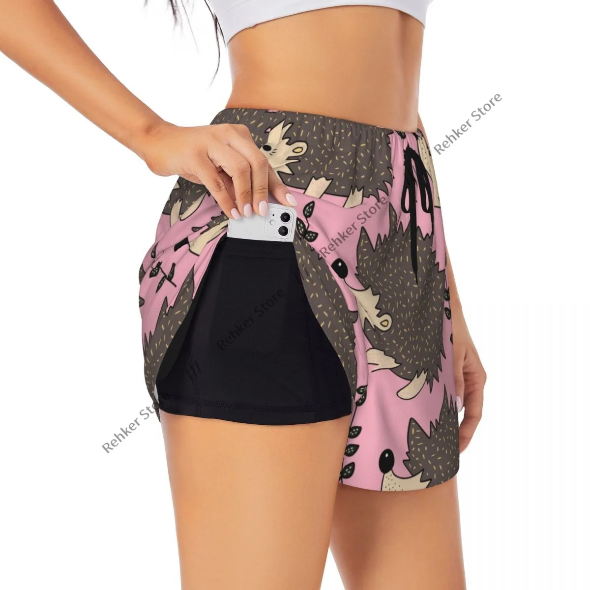 Cute Forest Hedgehogs Women's Double Layered Quick-Dry Athletic Shorts for Outdoor Leisure Running Fitness Workout Sport