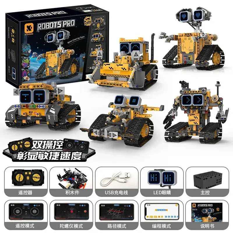5-IN-1 Programmable Remote Control Car Robot with LED Screen Expression Building Blocks DIY Kids Education Assembly Toys Gifts