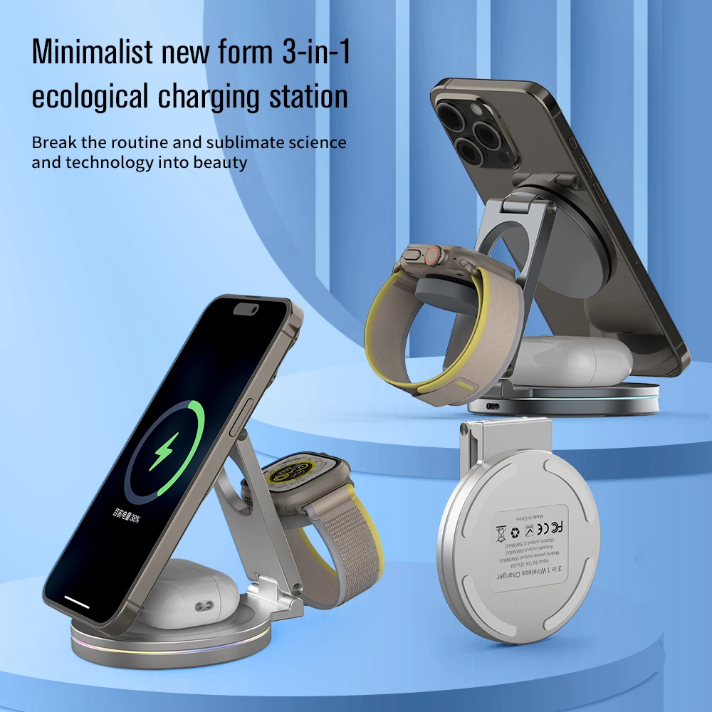 EcoCharge 15W Quick Wireless Charger - Tri-Functional Magnetic Dock for Phones, Smartwatches & Earbuds, 360° Rotation