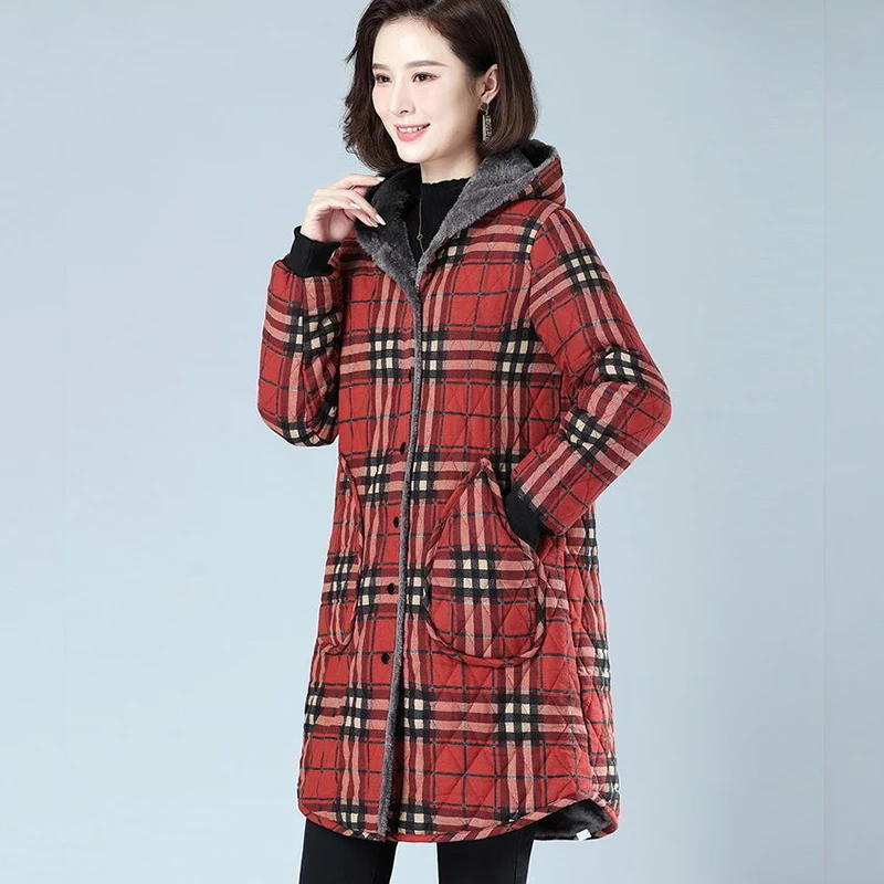 Women\'s Plaid Long Hooded Parka, Quilted Jacket, Winter Overcoat, Plus Velvet, Thick, Casual, Cotton Clothing, New