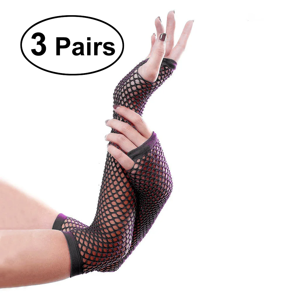 3Pair Fishnet Gloves Fingerless Retro 80's Costume Accessory for Halloween Party Performance Women Gloves Black Nylon