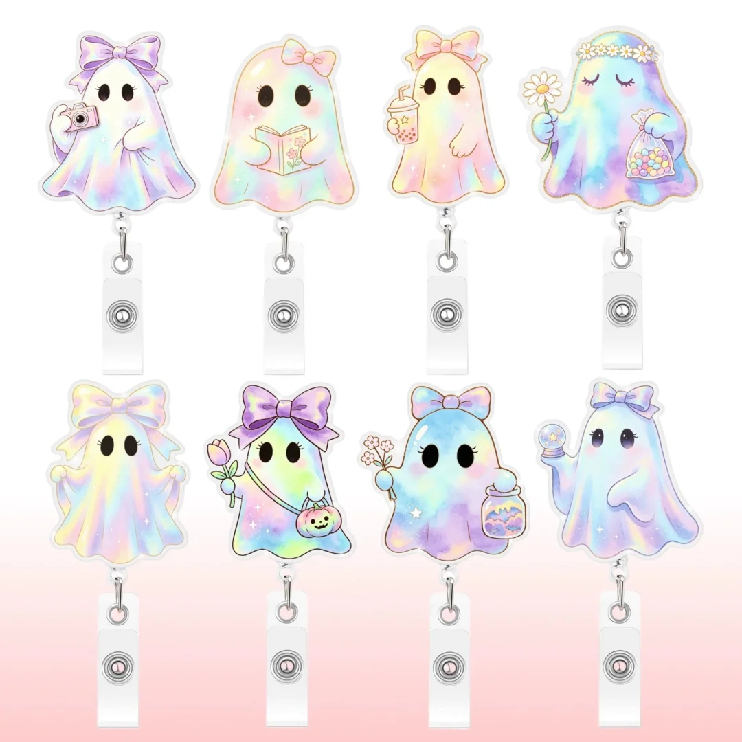 Cute Ghost Halloween Badge Reel Retractable Id Name Holder Nurses Bow Boo Badge Charm Acrylic Cartoon Spooky Id Badge Holder