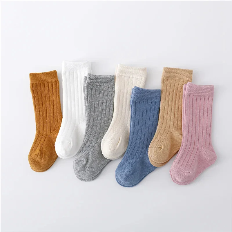 0-5Years Baby Boys Girls Long Socks Cotton Solid Color Striped Soft Kids Knee Children\'s stocking School Sport Baby Sock 12Color