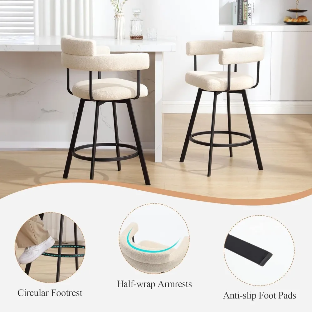 Kursi Bar Tinggi Konter Putar 26'', Bangku Konter Modern dengan Punggung Bulat, Kursi Bar Berlapis Linen dengan Pijakan Kaki Bulat untuk