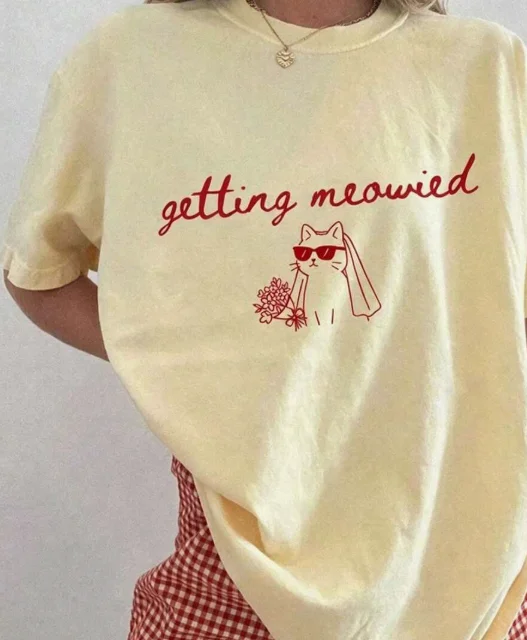 2026 Fashion New Women Crew Neck Short Sleeve T Shirt Getting Meowied Cat Theme Graphic Print Cat Lover Bachelorette Party Casual Basic Top Tee