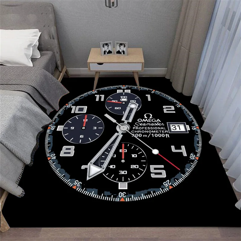 Swiss Watch Style Carpet with O-OMEGA Dial and Crown Pointer Design Living Room Bedroom Sofa Decoration Rugs Mat