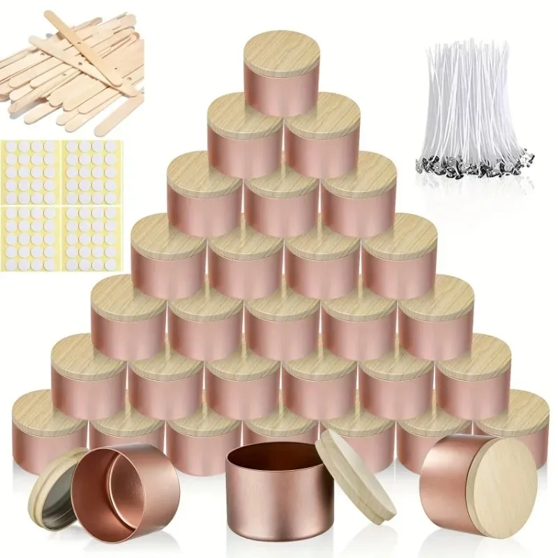 latest model 4oz rose gold metal candle containers,wood grain lid iron jars 6pcs,for diy scented candle making supplies craft