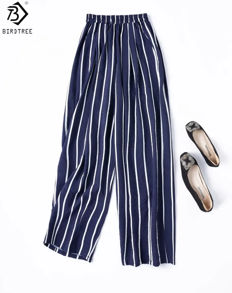 

Birdtree 76% Mulberry Silk 24% Nylon Stripe Pants,Women Dry Silk Elastic Waist Loose Pocket Harem Pants, 2025 New P57109JF