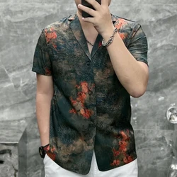 Retro Trend Versatile Summer Men's Tailored Collar Printing Single Breasted Streetwear Comfortable Loose Short Sleeve Shirts Top