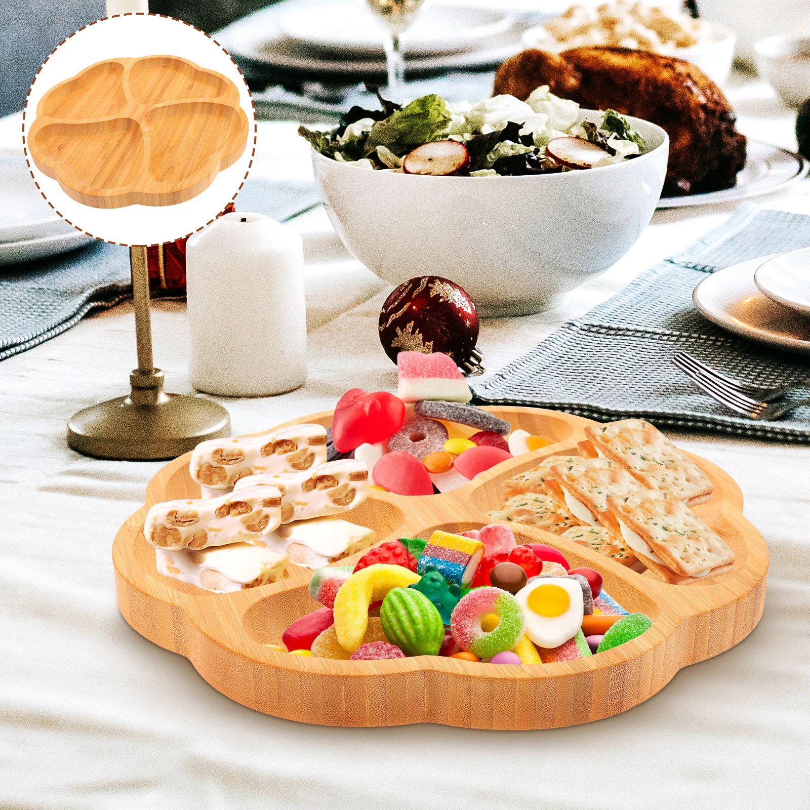 

Multi-Compartment Fruit Bamboo Serving Tray For Kitchen Snacks Dessert Display Bread Plate Household Decorative Tray