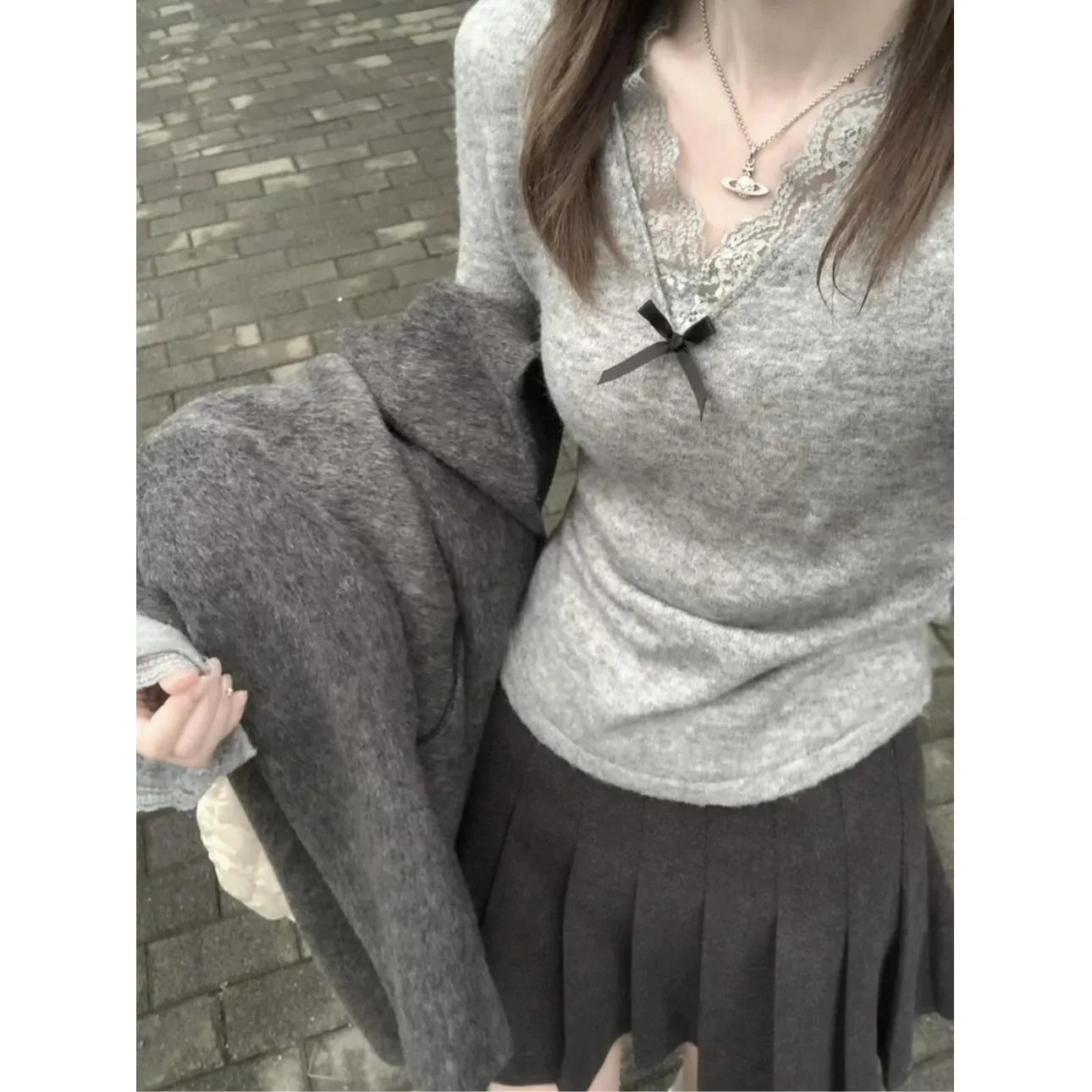

Korean Sle Knot Lace V-Ne Long Sve Women's Autumn Winter Ballet Pure Desire Base irt Inner Wear Top