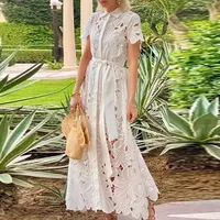 Casual Solid Color Holiday Lace Dresses Summer Women's Lapel Tie Up Dress Sexy Hollow Short Sleeved Single Breasted Long Dress