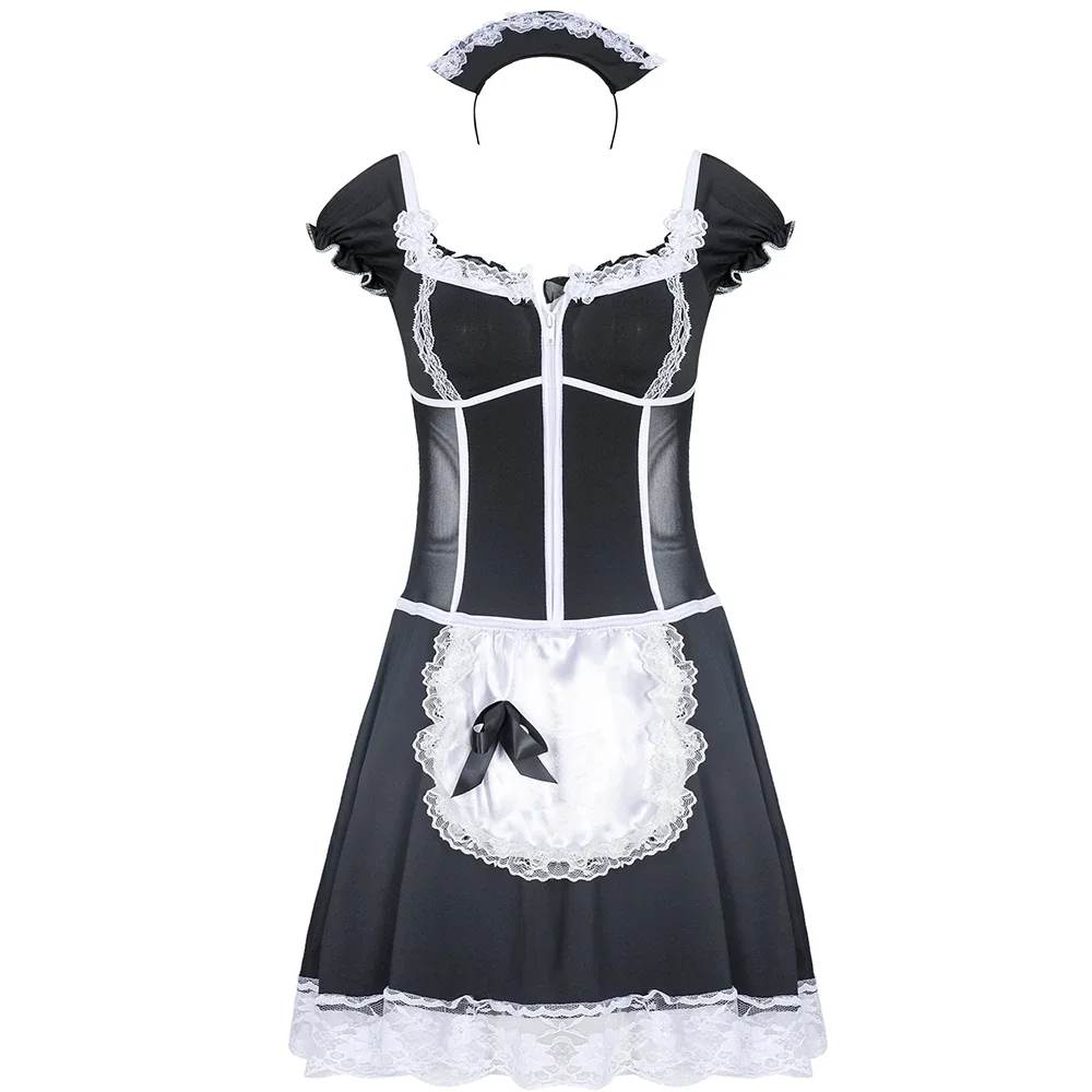 Womens Cosplay Maid Dress Sexy Low Cut See Through Mesh Tunic Costumes Outfits Dress Halloween Carnival Party Mini Dresses