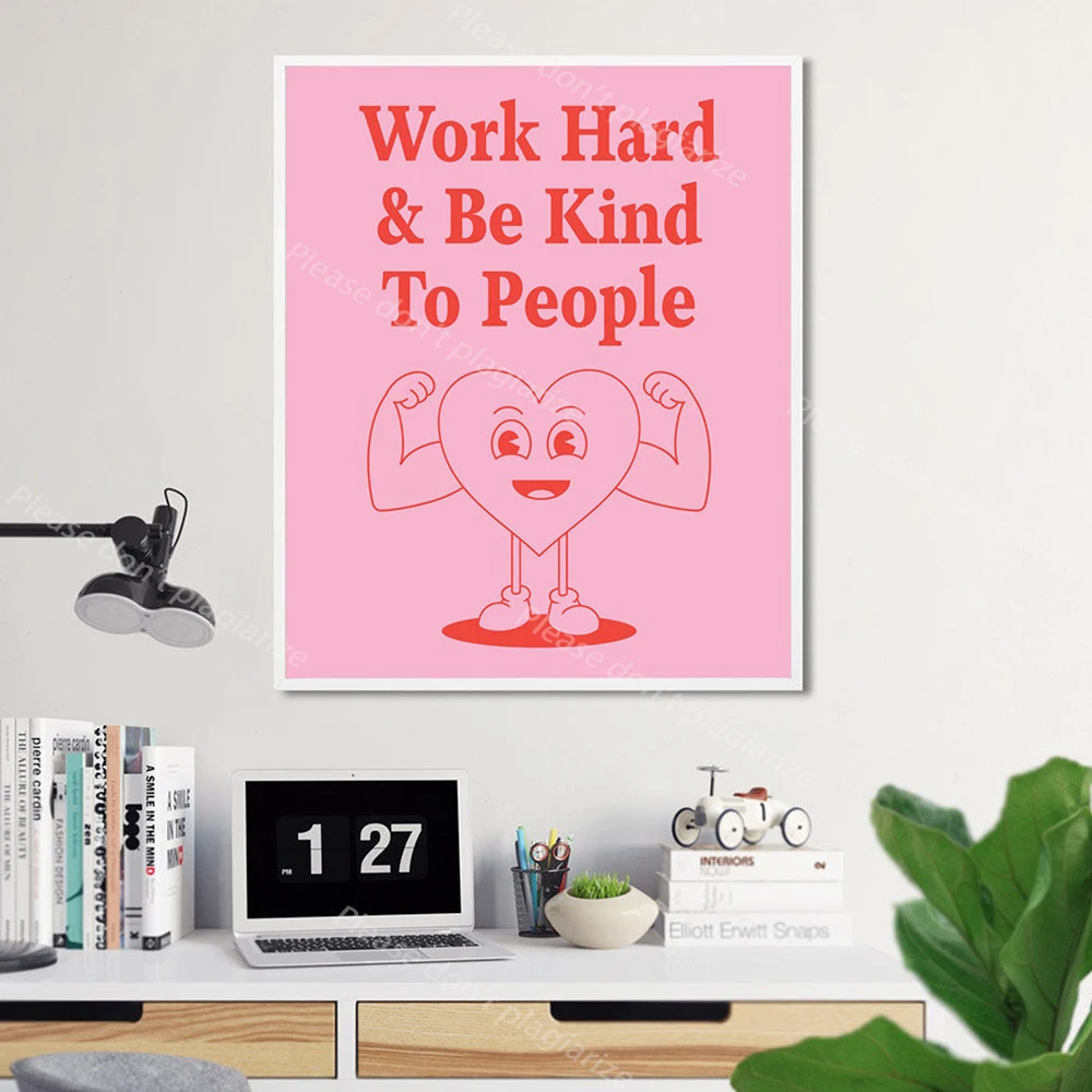 Retro Girl Power Inspirational Quote Prints Pink Wall Art Be Kind Typography Poster for Kids Nursery Living Room Decor Pictures