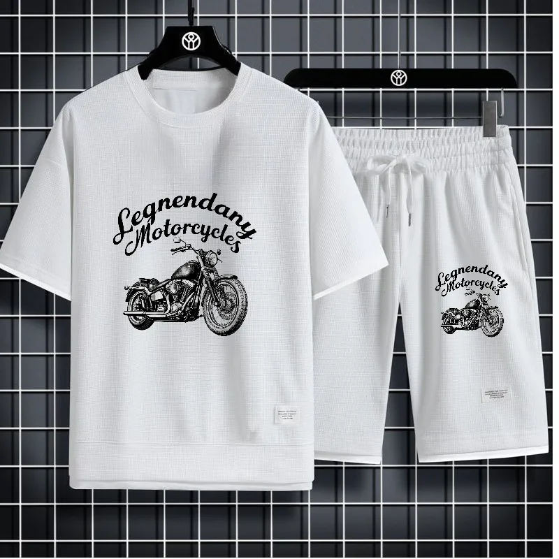 

2025 Waffle Sports T-shirts+shorts sets Motorcycle printing Thin Leisure Outfit Set for Men Stylish Comfortable Summer gym sets