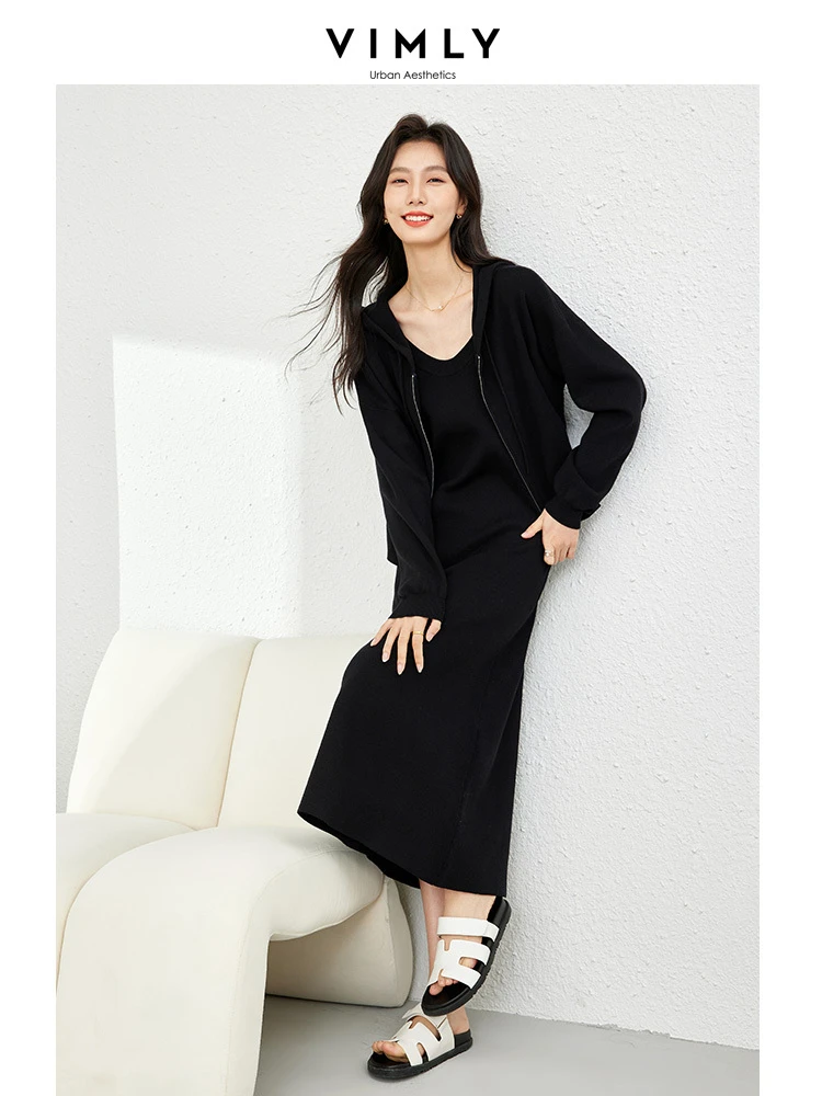 Vimly 2 Piece Knit Dress Sets Women Outfit Full-zp Hooded Jacket Midi Tank Dress Woman  Spring Casual Matching Set 73335