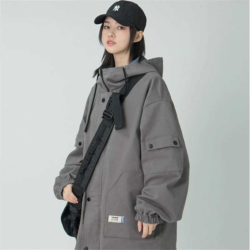 Fashion 2024 Spring Short Hooded Trench Coat Women Loose Hooded Jacket Retro Windbreaker Loose Cargo Jacket Female Outwear