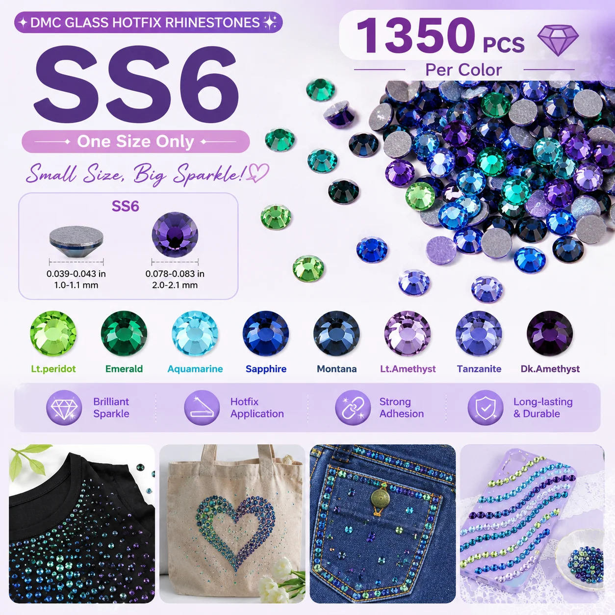 1350Pcs SS6 2mm DMC Glass Hotfix Rhinestones, 8 Colors Flatback Heat Transfer Crystals for Clothing, Dresses, Bags, Shoes & DIY